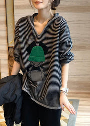 Casual Black Striped Print Hooded Patchwork Cotton Top Fall