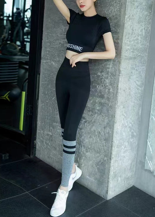 Casual Black Striped Seamless Running Leggings