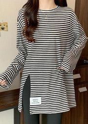 Casual Black Striped Side Open Applique Cotton Shirt Spring