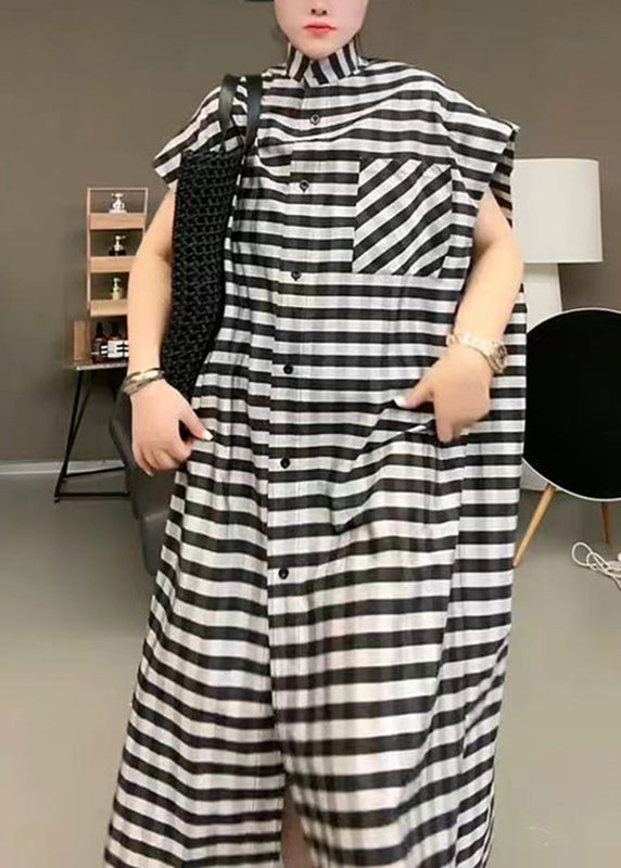 Casual Black Striped Stand Collar Button Maxi Dress Short Sleeve