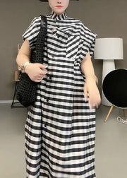 Casual Black Striped Stand Collar Button Maxi Dress Short Sleeve
