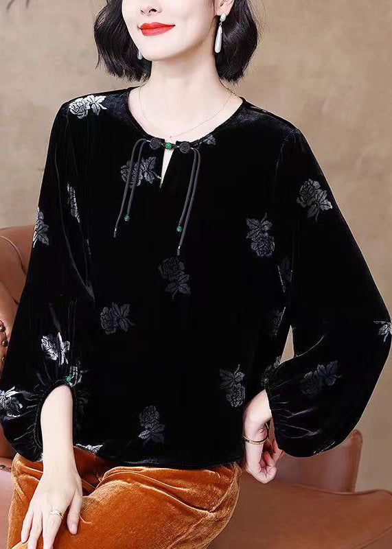 Casual Black Tasseled Print Patchwork Velour Top Lantern Sleeve