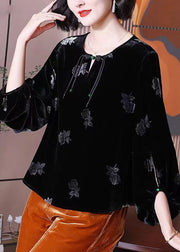 Casual Black Tasseled Print Patchwork Velour Top Lantern Sleeve