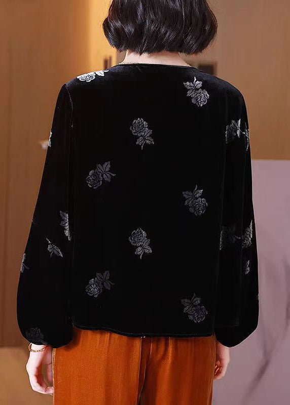 Casual Black Tasseled Print Patchwork Velour Top Lantern Sleeve