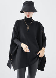 Casual Black Turtle Neck Oversized Side Open Knit Top Fall