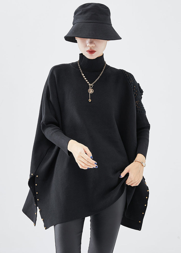 Casual Black Turtle Neck Oversized Side Open Knit Top Fall