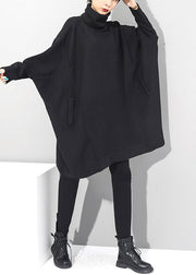 Casual Black Turtleneck Knit Mid Dresses Batwing Sleeve