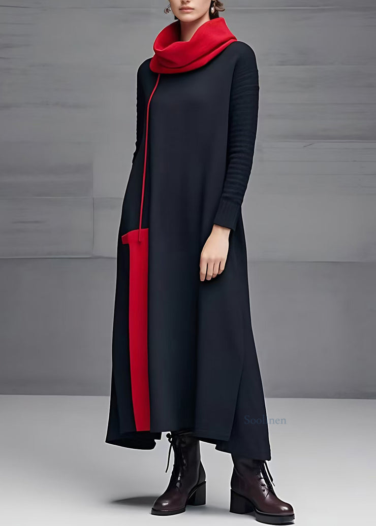 Casual Black Turtleneck Long Dresses Long Sleeve