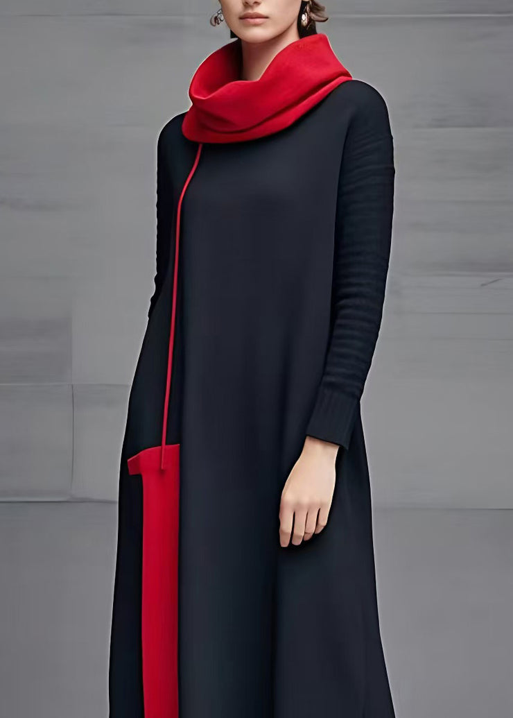 Casual Black Turtleneck Long Dresses Long Sleeve