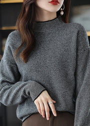 Casual Black Turtleneck Striped Patchwork Woolen Knit Top Long Sleeve