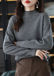 Casual Black Turtleneck Striped Patchwork Woolen Knit Top Long Sleeve