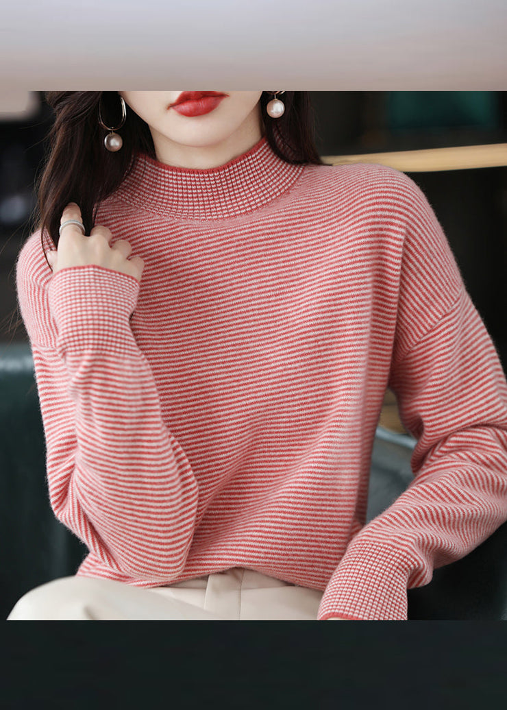 Casual Black Turtleneck Striped Patchwork Woolen Knit Top Long Sleeve