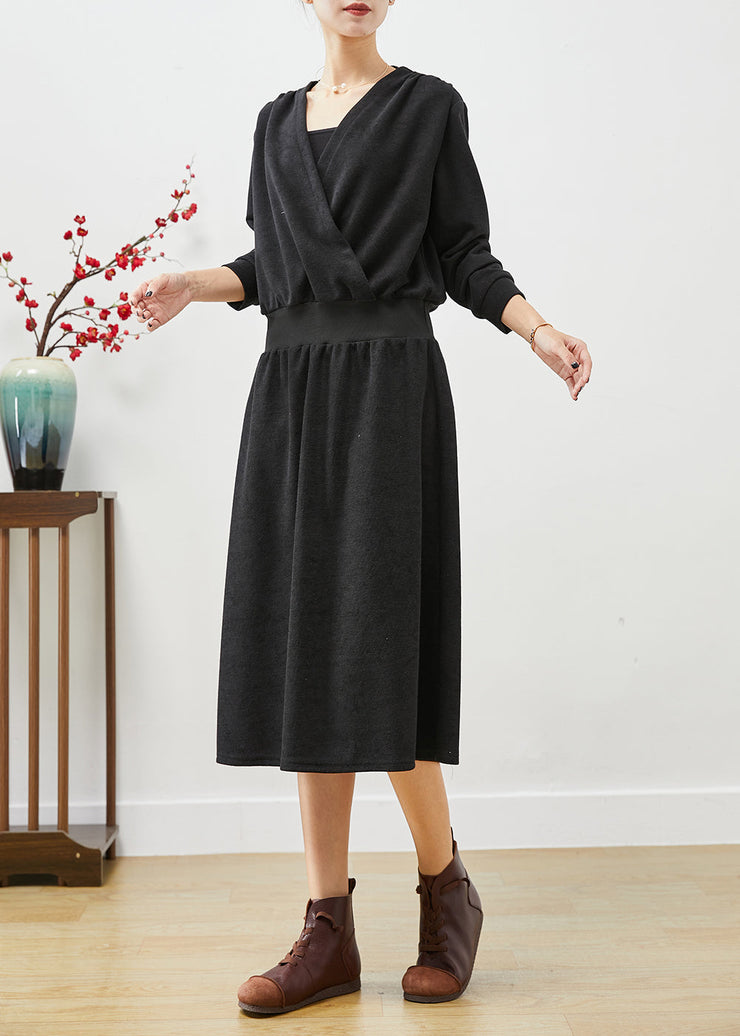 Casual Black V Neck Elastic Waist Cotton Sweatshirts Dress Fall