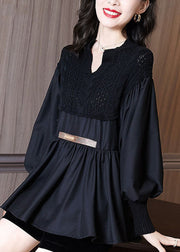 Casual Black V Neck Knit Patchwork Chiffon Shirt Top Long Sleeve