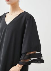 Casual Black V Neck Oversized Chiffon Tops Flare Sleeve