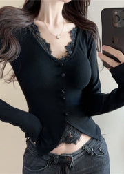 Casual Black V Neck Patchwork Cotton Shirts Spring