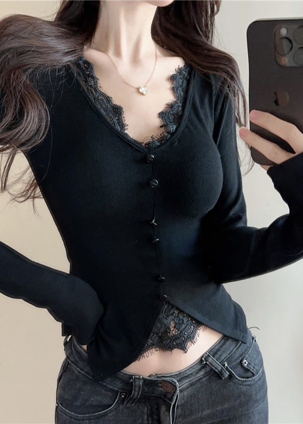 Casual Black V Neck Patchwork Cotton Shirts Spring