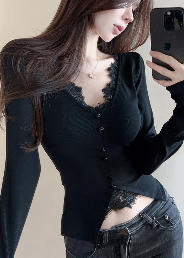 Casual Black V Neck Patchwork Cotton Shirts Spring