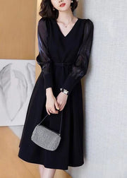 Casual Black V Neck Patchwork Spandex Dress Spring