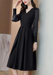 Casual Black V Neck Patchwork Spandex Dress Spring