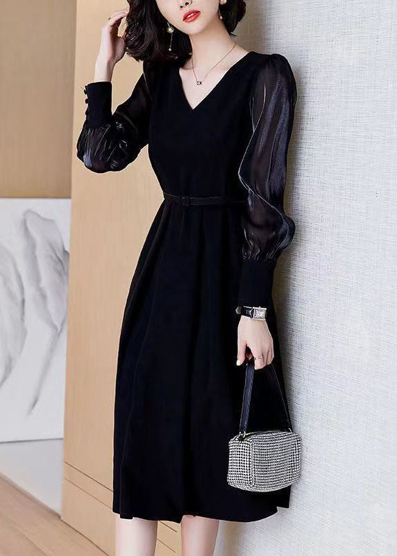 Casual Black V Neck Patchwork Spandex Dress Spring