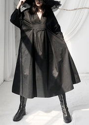 Casual Black V Neck Patchwork Wrinkled Maxi Dress Long Sleeve