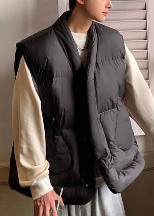 Casual Black V Neck Pockets Men Puffer Vest Winter