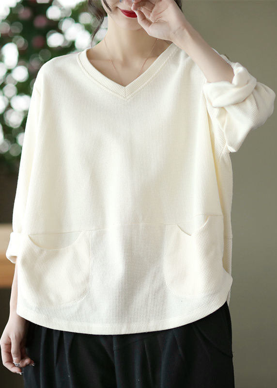 Casual Black V Neck Pockets Patchwork Cotton Sweatshirts Top Long Sleeve