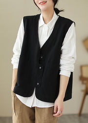 Casual Black V Neck Pockets Patchwork Cotton Vest Spring