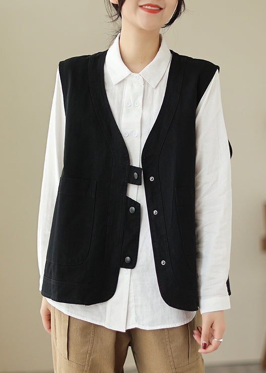 Casual Black V Neck Pockets Patchwork Cotton Vest Spring