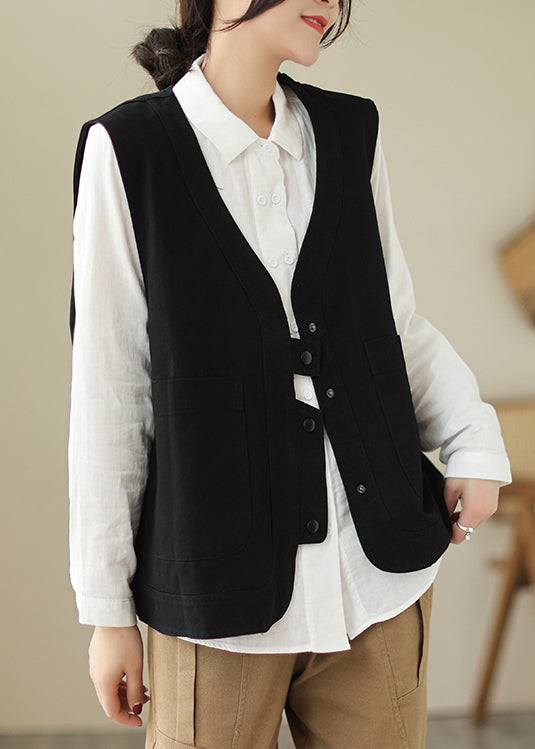 Casual Black V Neck Pockets Patchwork Cotton Vest Spring