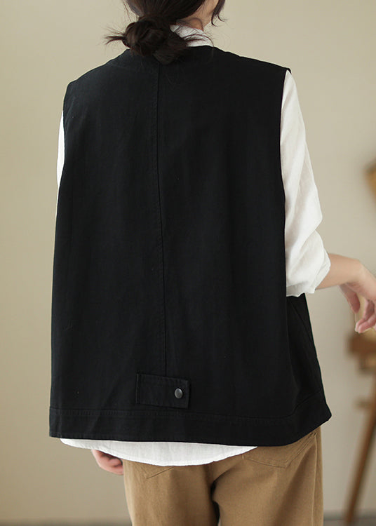 Casual Black V Neck Pockets Patchwork Cotton Vest Spring