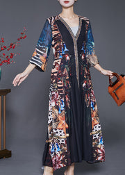 Casual Black V Neck Print Exra Large Hem Chiffon Maxi Dresses Fall