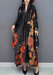 Casual Black V Neck Print Robe Dresses Summer