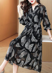 Casual Black V Neck Tie Waist Print Chiffon Holiday Dress Spring