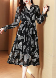 Casual Black V Neck Tie Waist Print Chiffon Holiday Dress Spring