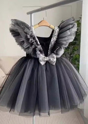 Casual Black V Neck Tulle Patchwork Girls Long Dress Summer