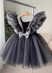 Casual Black V Neck Tulle Patchwork Girls Long Dress Summer