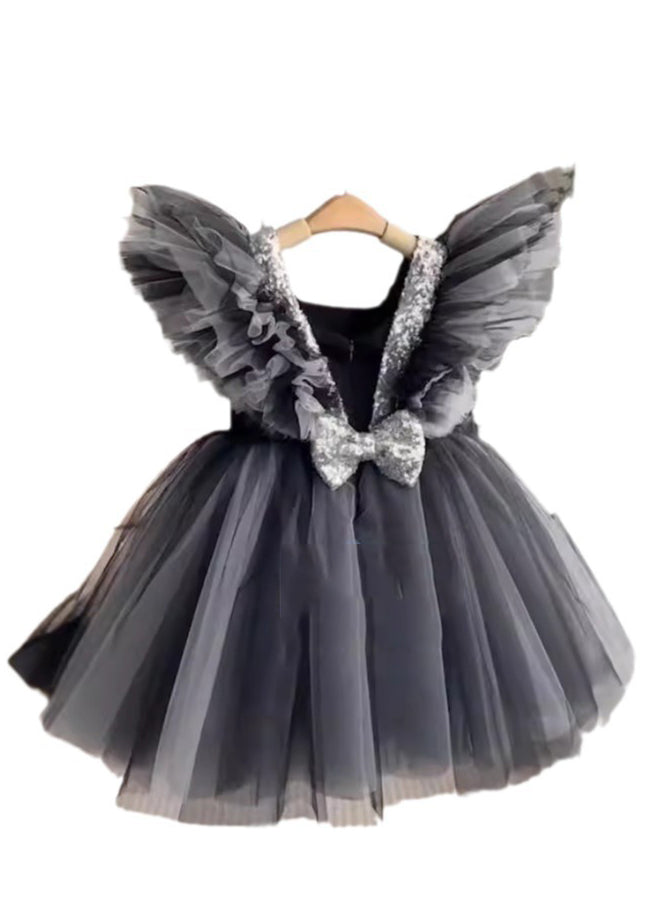 Casual Black V Neck Tulle Patchwork Girls Long Dress Summer