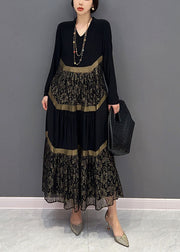 Casual Black V Neck Tulle Patchwork Wrinkled Long Dress Spring