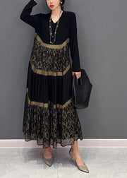 Casual Black V Neck Tulle Patchwork Wrinkled Long Dress Spring