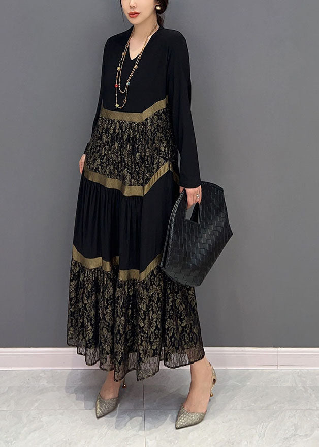 Casual Black V Neck Tulle Patchwork Wrinkled Long Dress Spring