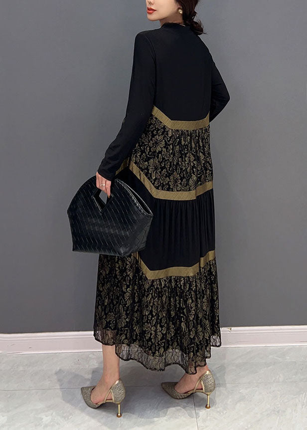 Casual Black V Neck Tulle Patchwork Wrinkled Long Dress Spring