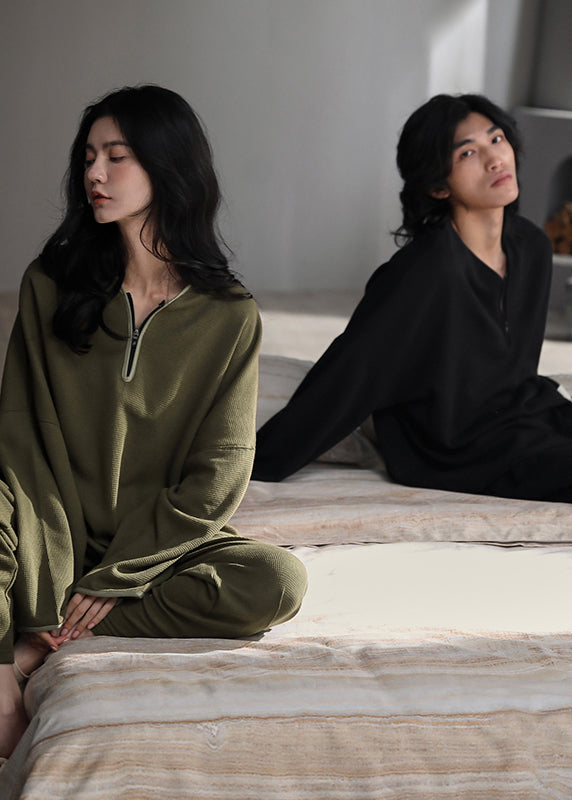 Casual Black V Neck Zippered Couple Pajamas Two Pieces Set Long Sleeve