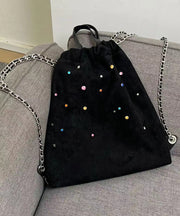 Casual Black Velour Gem Stone Patchwork Faux Leather Backpack Bag