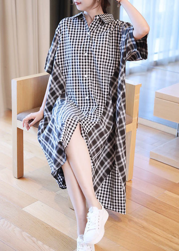 Casual Black White Plaid Peter Pan Collar Button Shirts Dresses Half Sleeve