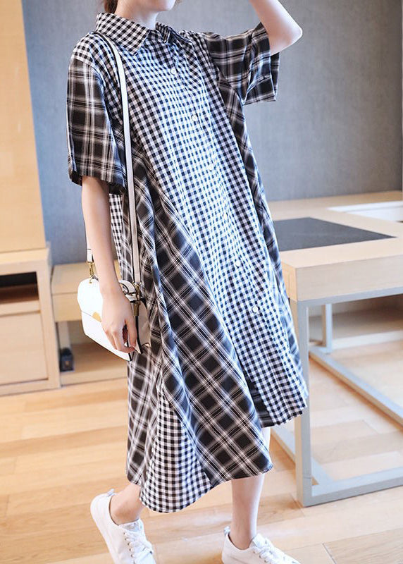 Casual Black White Plaid Peter Pan Collar Button Shirts Dresses Half Sleeve