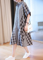 Casual Black White Plaid Peter Pan Collar Button Shirts Dresses Half Sleeve