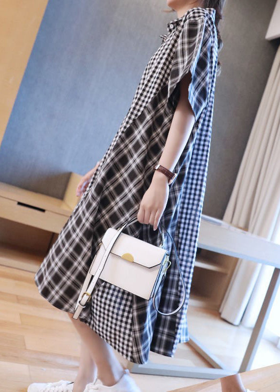 Casual Black White Plaid Peter Pan Collar Button Shirts Dresses Half Sleeve