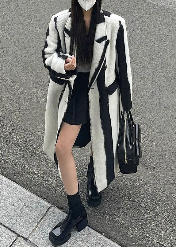 Casual Black White Striped Notched Button Woolen Maxi Coats Winter